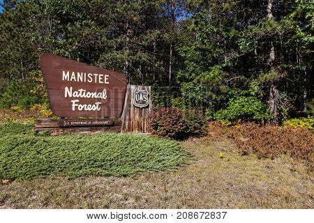 Manistee, Michigan, USA - September 30, 2017: Entrance sign to the Manistee National Forest in the Lower Peninsula of Michigan in the American Midwest.