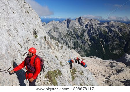 TRIGLAV, AUGUST 12, 2017 - Climbers on Triglav Peak, Slovenia, Europe
