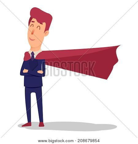 Cartoon successful businesman superhero in suit and cape. Young office superman manager in flat style. Professional salesman smiling on a white background. Powerful big boss