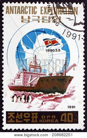 NORTH KOREA - CIRCA 1991: a stamp printed in North Korea shows Research Ship Antartic Exploration circa 1991