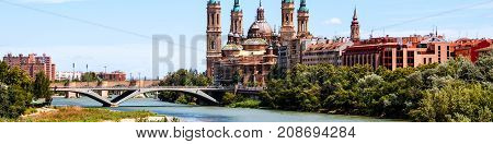 Saragossa Spain. Aerial view of Saragossa Spain with Basilica of Our Lady of the Pillar and the Ebro River. The capital of Aragon famous for its Mudejar architecture landmarks