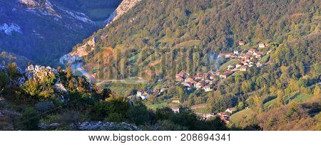Dawn Over The Village Of Campo De Caso In Asturias.