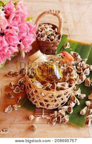 Moringa oleifera oil and seeds on wood background
