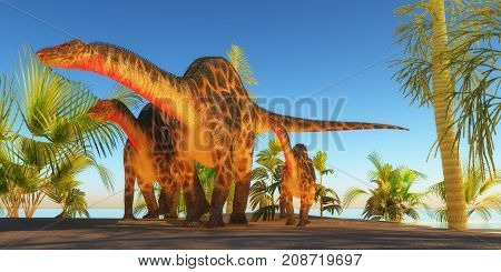 Mother Dicraeosaurus Dinosaur 3d illustration - A Dicraeosaurus dinosaur mother escorts her youngsters through tropical plants and trees in the Jurassic Era.