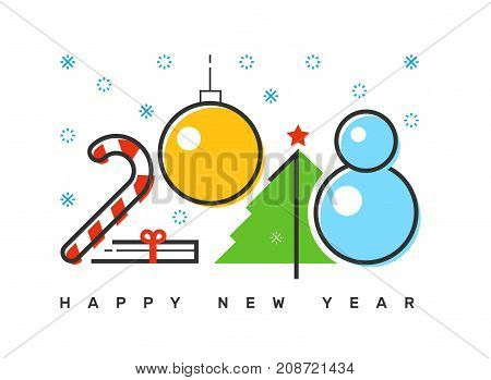 Happy 2018 new year flat thin line horizontal colorful greeting card design. Isolated snow flakes gift box star tree clock candy & balls on white background.