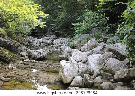 Agur waterfalls, cascade of waterfalls on river Agura in Khostinsky district of city of Sochi