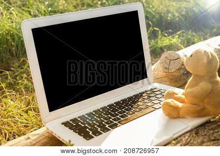 Laptop screen white clipping path outdoor and teddy bear