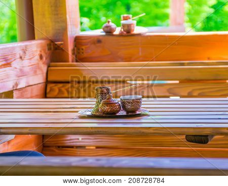 The Restaurant In The Mountains For Tourists Serves Turkish Coffee.