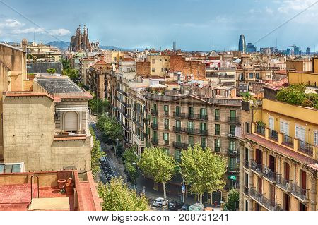 Aerial View Over The Rooftops Of Central Barcelona, Catalonia, Spain