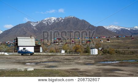 View of the snowy landscape of the Altay Mountains near the village of Onguday, Altai Republic, Russia.