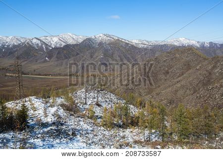View of the snowy landscape of the Altay Mountains near the village of Onguday, Altai Republic, Russia.