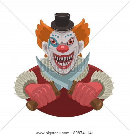 The evil red-haired clown with knives he smiles he scares knives that have interbred with each other like bones with a skull!