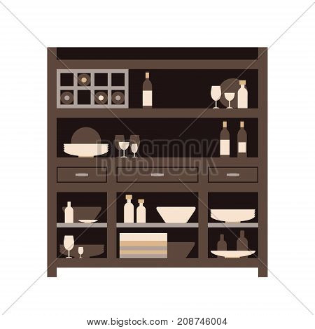 Hutch Kitchen Buffet With Dishes Of Different Bottles And Glasses, Cans And Plates. Flat Vector.