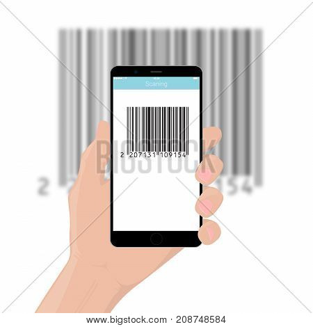 The mobile phone smartphone in hand scans the bar code