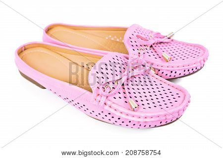 Women pink flats slip-on with small ribbon shoes isolated on white background