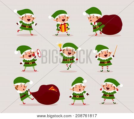 Set of cute playful Christmas elves. Collection of cute Santa Claus helpers. Happy New Year Merry Xmas design element.