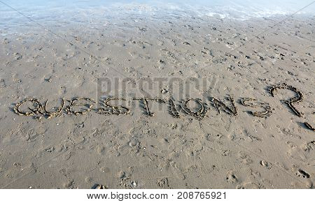 Text Questions With Question Mark Written On The Sand Can Be Use