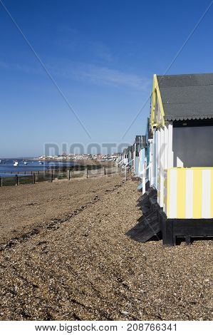 Beach Huts Thorpe Bay near Southend Essex England with room for text