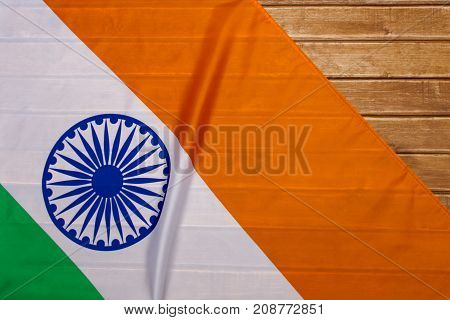 The Flag Of The Republic Of India On Wooden Background. The Place To Advertise, Template.view Top.