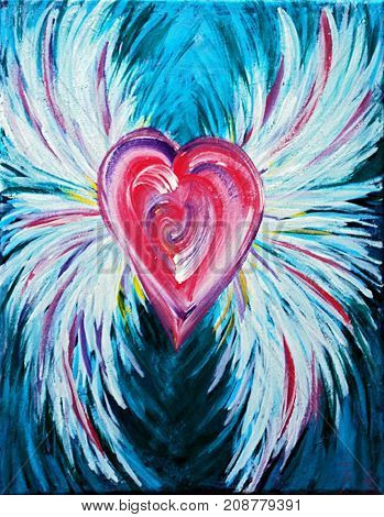 Acrylic painting of White Wings on Pink Heart