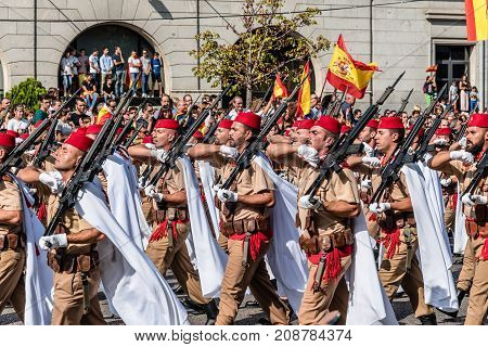 Madrid Spain - October 12 2017: Soldiers marching in Spanish National Day Army Parade. Several troops take part in the army parade for Spain's National Day.