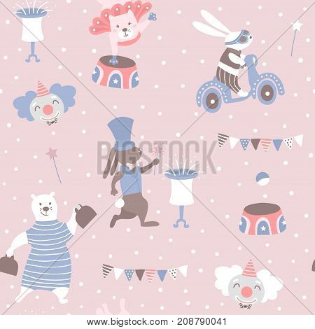 Seamless pattern with animal artists. Circus vector childish background.