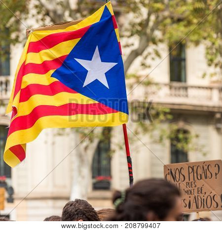 Catalan Flag, Demonstration Of Protest In Barcelona, Catalonia, Spain. On That Banner Is Said: 