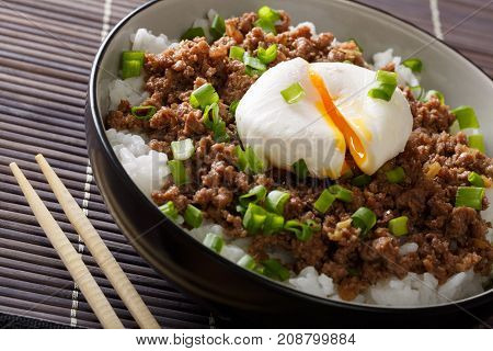 Japanese Cuisine: Spicy Meat Soboro With Egg Poached, Rice And Green Onion Close-up. Horizontal