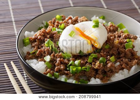 Japanese Breakfast: Stewed Beef Soboro With Egg Benedict, Rice And Green Onion Close-up. Horizontal