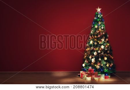 view of nice decorated christmas tree and some gift boxes indoor