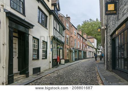 NORWICH, NORFOLK, 4TH OCTOBER 2017 - Ancient English cobbled street of Elm Hill Norwich Norfolk UK