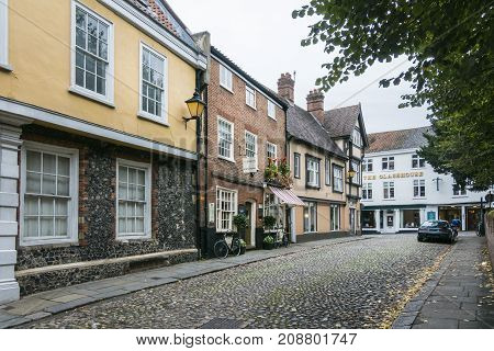 NORWICH, NORFOLK, 4TH OCTOBER 2017 - Ancient English cobbled street of Elm Hill Norwich Norfolk UK