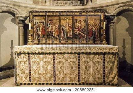 NORWICH, NORFOLK, 4TH OCTOBER 2017 - The Despenser Reredos altarpiece with scene from Christ's Passion c1380 in St Luke's Chapel Norwich Cathedral Norfolk UK