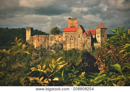 Beautiful Autumn Landscape In Austria With A Nice Old Hardegg Castle.