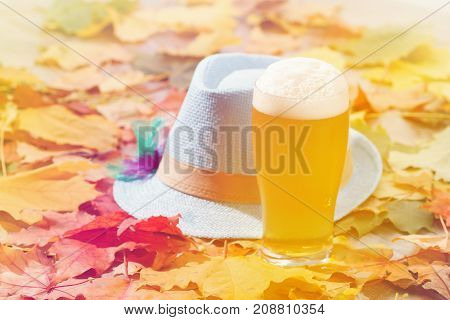 Beer glass pint octoberfest picnic on natural background with hat and autumn yellow leaves