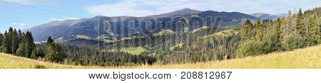 A beautiful panorama of the Carpathian mountains in the summer in the rays of the morning sun. A view of Mount Gumba which is located near the town of Pilipets.