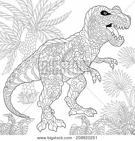 Coloring page of tyrannosaurus (t rex) dinosaur of the late Cretaceous period. Freehand sketch drawing for adult antistress coloring book in zentangle style.