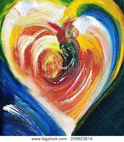 Acrylic painting of yellow white blue black and red  abstract heart