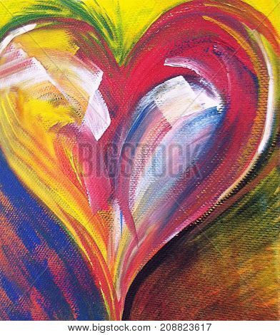 Acrylic painting of yellow white blue black and red  abstract heart