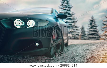 Sports car front There is a winter background with snow and a Christmas tree.