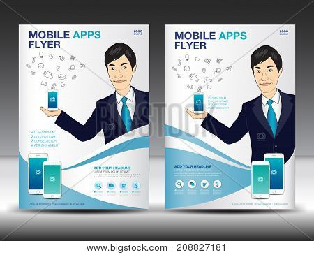 Mobile Apps Flyer template. Business brochure flyer design layout. smartphone icons mockup. application presentation. Magazine ads. Blue cover. poster, leaflet. infographics. advertisement. in A4 size