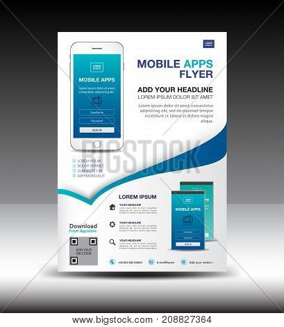 Mobile Apps Flyer template. Business brochure flyer design layout. smartphone icons mockup. application presentation. Magazine ads. Blue cover. poster. leaflet. infographics. advertisement. in A4 size