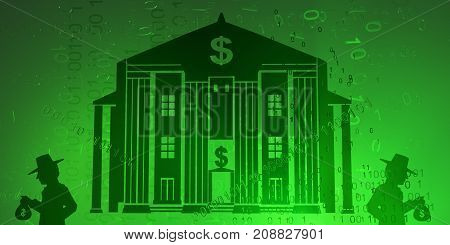 Virtual digits abstract 3d illustration bank with shadow figures with cash horizontal