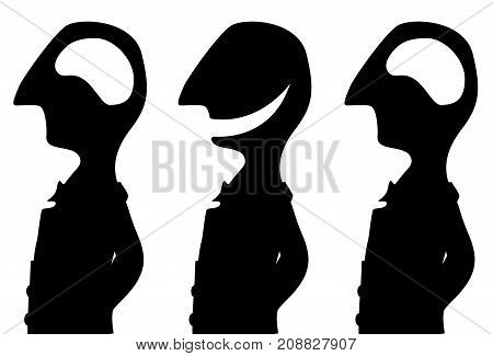Joke cartoon brainless three person black silhouette, vector illustration, horizontal, isolated, over white