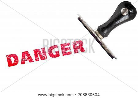 Danger Stamp Text With Stamper Sign Symbol On Red Ink With Stamper On White Background