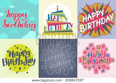 Beautiful birthday invitation card design colorful lettering poctcard vector greeting decoration strips lettering. Calligraphy text for party festive cartoon poster and celebrate present banner.