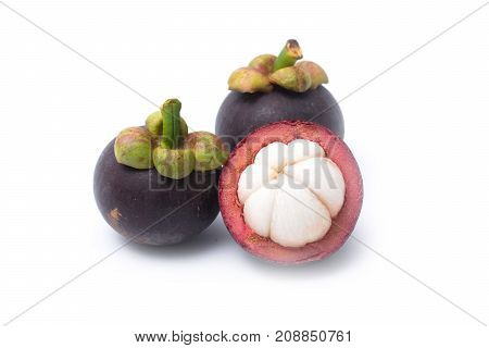Mangoteen isolated on white background. Mangoteen violet fruit from Thailand