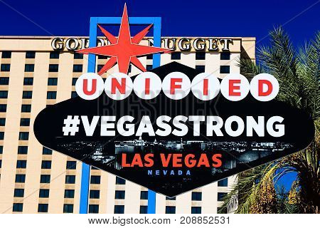LAS VEGAS,NEVADA - 10 OCT : The VEGAS STRONG sign on bright sunny day in Downtown Las Vegas background of Golden Nugget Hotel , Nevada USA,10 Oct 2017.