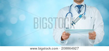 Immunization coverage concept. Doctor (medical practitioner) think about vaccination (immunization) its pros and cons and another topics like side effects intoxication and efficiency.