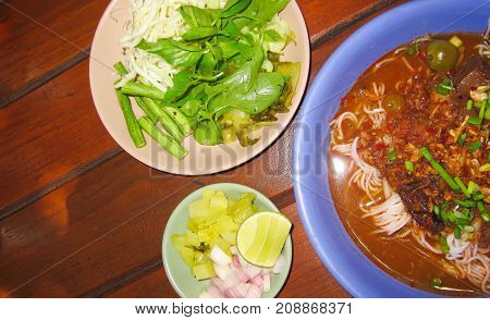 Kanom Jeen Nam Ngeawnoodles with spicy pork sauce thai food